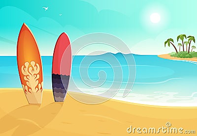 Surfboards in different colors. Sea and sand beach. Vector summer background illustration Vector Illustration