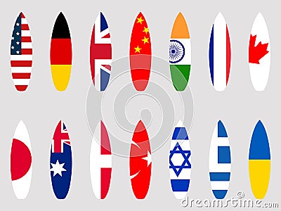 Surfboards with flags of the world. Set. Vector Vector Illustration