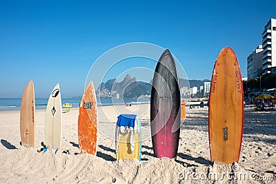 Surfboards on the Ipanema beach, Rio de Janeiro, Brazil Editorial Stock Photo