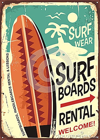 Surfboards rentals retro tin sign design Vector Illustration