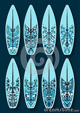 Surfboards set with blue kaleidoscope pattern Vector Illustration