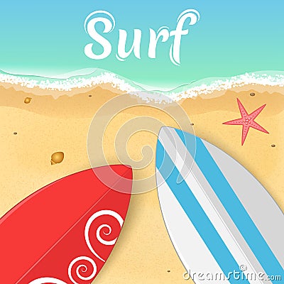 Surfboards and a starfish on the ocean. Opening of the summer season. Relax on the beach. Vector illustration Cartoon Illustration