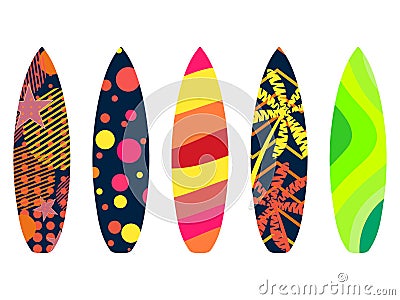 Surfboards on a white background. Types of surfboards with a pattern. Tropics, palm trees, summer motive. Vector Vector Illustration