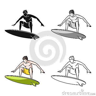 Surfer in action icon in cartoon style isolated on white background. Surfing symbol stock vector illustration. Vector Illustration