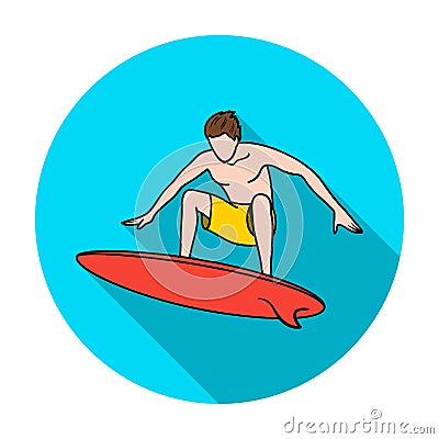 Surfer in action icon in flat style isolated on white background. Surfing symbol stock vector illustration. Vector Illustration