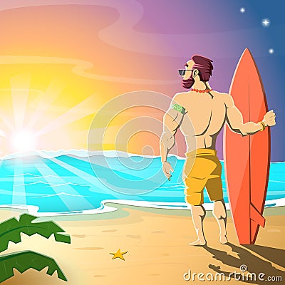 Surfer on the beach. Sunrise on the sea. Hot summer morning. Cartoon Illustration