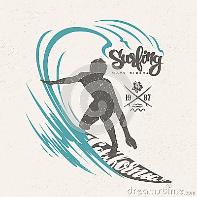 Surfer and big wave. T-shirt design Vector Illustration