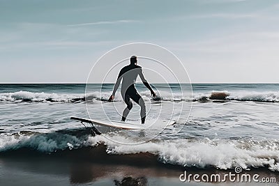 Surfer on Blue Ocean Wave Getting Barreled at Sunrise. Neural network AI generated Stock Photo