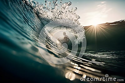 Surfer on Blue Ocean Wave in the Tube Getting Barreled Stock Photo