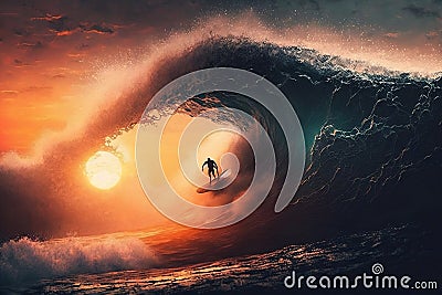 Surfer Conquering Epic Sunset Wave. AI Stock Photo