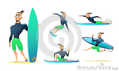 Surfer in different dynamic poses, standing, running, floating, surfing. Cartoon character design, vector illustration Vector Illustration