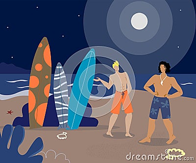 Surfer Friends on Beach Flat Vector Characters Vector Illustration