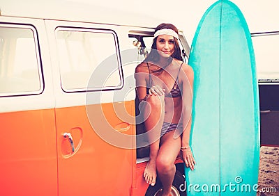 Surfer Girl Beach Lifestyle Stock Photo