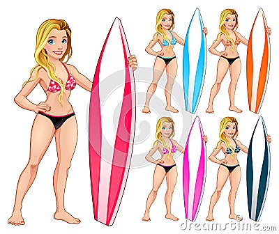 Surfer girl in different colors Vector Illustration