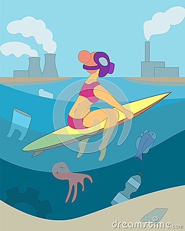 Surfer girl gas mask floats on board in sea of plastic garbage. Ocean waters pollution concept. Under water bottle, bag, tire, Cartoon Illustration