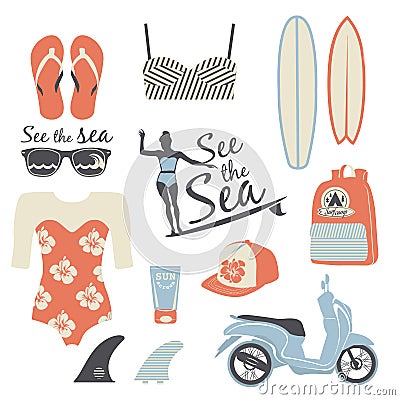 Surfer girl retro set. Stock Photo