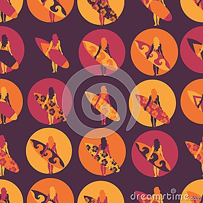 Surfer girl seamless vector pattern. Woman with surfboard illustration in circles purple pink orange background. Summer beach Vector Illustration