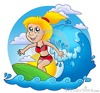 Surfer girl with Sun Cartoon Illustration