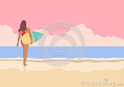 Surfer girl walking on the beach Vector Illustration