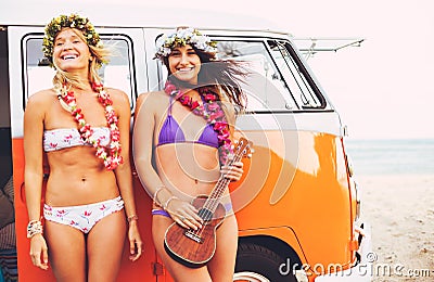 Surfer Girls Beach Lifestyle Stock Photo