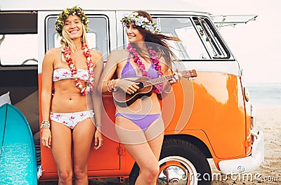 Surfer Girls Beach Lifestyle Stock Photo