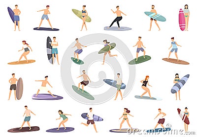 Surfer icons set cartoon vector. Surfboard character Vector Illustration