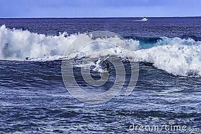 Surfer Large Wave Waimea Bay North Shore Oahu Hawaii Stock Photo