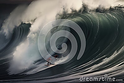 Surfer in ocean wave. Extreme sport and water surfing concept, Extreme surfers surfing on the huge sea waves, rear view, no Stock Photo