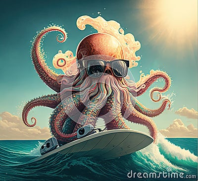 Surfer Octopus with sunglasses surfing illustration generative ai Cartoon Illustration
