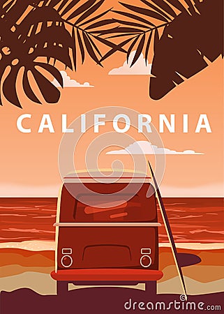 Surfer orange bus, van, camper with surfboard on the tropical beach. Poster California palm trees and blue ocean behind Vector Illustration