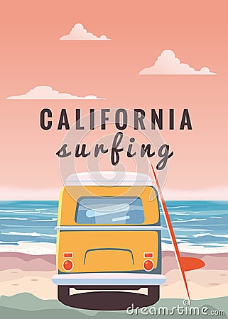 Surfer orange bus, van, camper with surfboard on the tropical beach. Poster California palm trees and blue ocean behind Vector Illustration