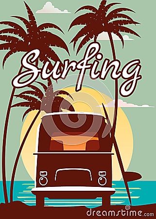 Surfer orange bus, van, camper with surfboard on the tropical beach. Poster Surfing palm trees and blue ocean behind Vector Illustration