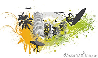 Surfer Palm City Vector Illustration