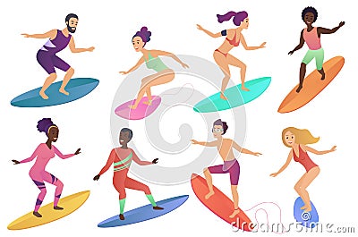 Surfer people riding surfboards set. Man and woman surfing on the sea or ocean vector Illustration. Vector Illustration