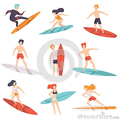 Surfer people riding surfboards set, young women amd men enjoying summer vacation on the sea or ocean vector Vector Illustration