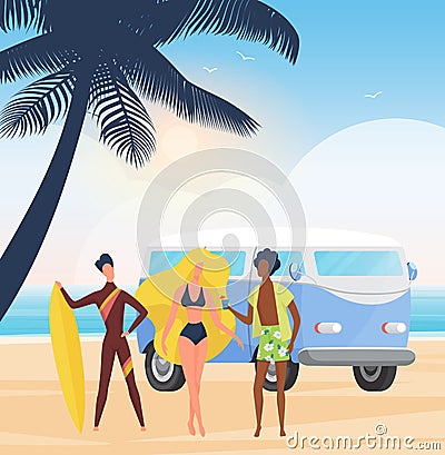 Surfer people with surfboards on summer sea beach party, surf extreme tropical adventure Vector Illustration