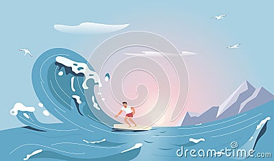 Surfer rides the Barreled Rushing Wave isolated on seascape background Vector Illustration