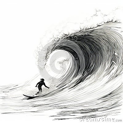 Fantasy Illustration: Surfer Riding Storm Surge In Single Line Drawing Cartoon Illustration