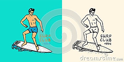 Surfer rides the waves on a board. Summer Surf sign. California card. Vintage Man on the surfboard, beach and sea Vector Illustration