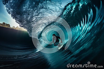 A surfer riding a massive wall of turquoise barrel waves, shot from within the tube to capture airborne arcs of water in jeweled Stock Photo