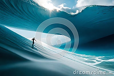 A surfer riding a massive wave, captured from underwater to showcase the power and beauty of the ocean Stock Photo