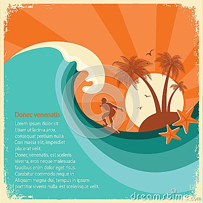 Surfer and sea big wave tropical island on old paper Vector Illustration