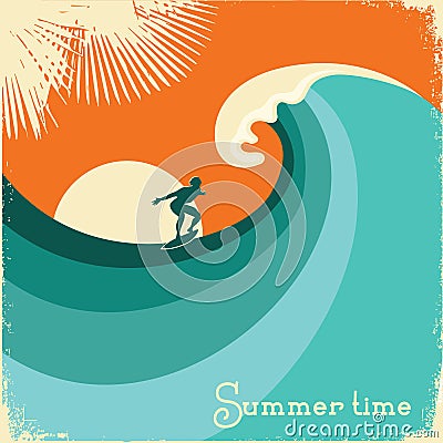 Surfer and sea wave.Retro poster illustration Vector Illustration