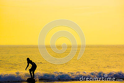 Surfer silhouette and dusk of Kamakura coast Editorial Stock Photo