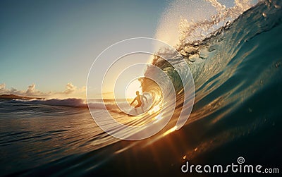 Surfer surfboard ride on the waves in the ocean, extreme sports, outdoor recreation, summer landscape, generative ai Stock Photo