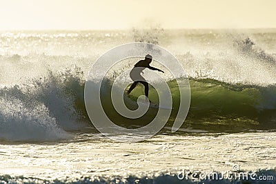 A surfer surfing at Betty`s Bay beach at sunset in the Western Cape, South Africa Editorial Stock Photo