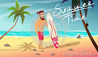 Surfer with surfing board stands on beach Vector Illustration