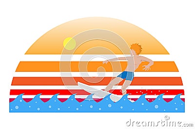 Surfer Surfing at Sunset Beach Vector Illustration