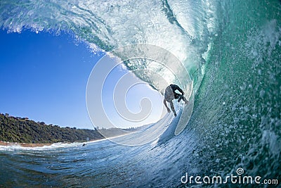 Surfer Surfing Tube Ride Inside Perspective Wave Stock Photo