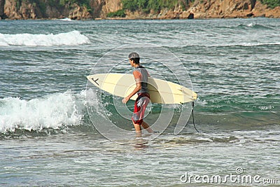 Surfer walking with his surfboard on a beach. Editorial Stock Photo